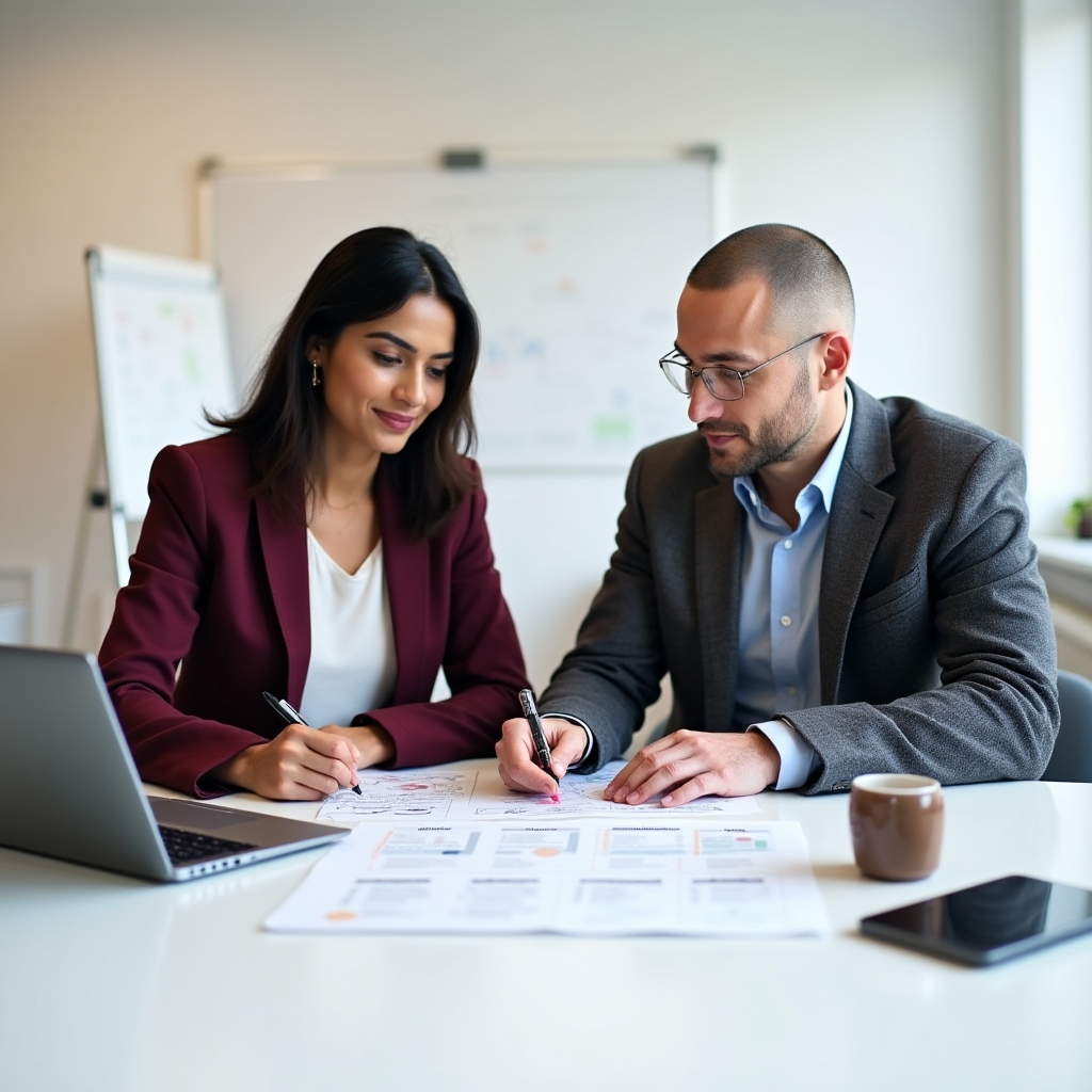 Two nonprofit staff members collaborating over printed content calendar and laptop during a strategy planning session in a bright office